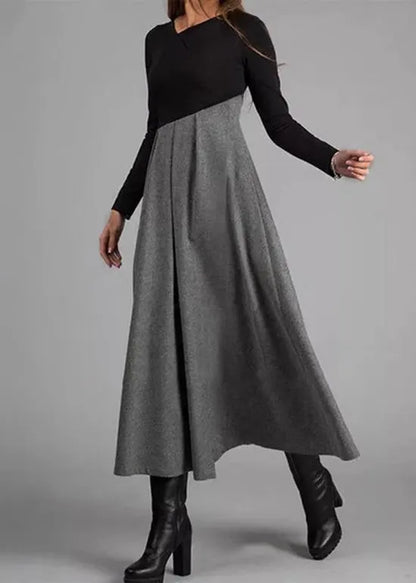 Grey Wrinkled Patchwork Woolen Long Dress Spring