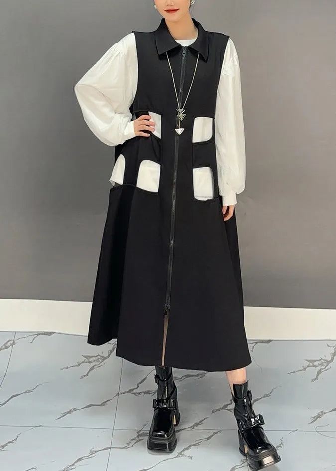 Black Zippered Patchwork Hollow Out Long Waistcoat Dress Spring