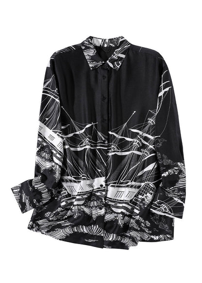 Black Peter Pan Collar Print Button Silk Shirt Long Sleeve