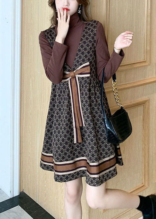 Modern Chocolate Retro V Neck Print Fall Two Piece Set Dresses