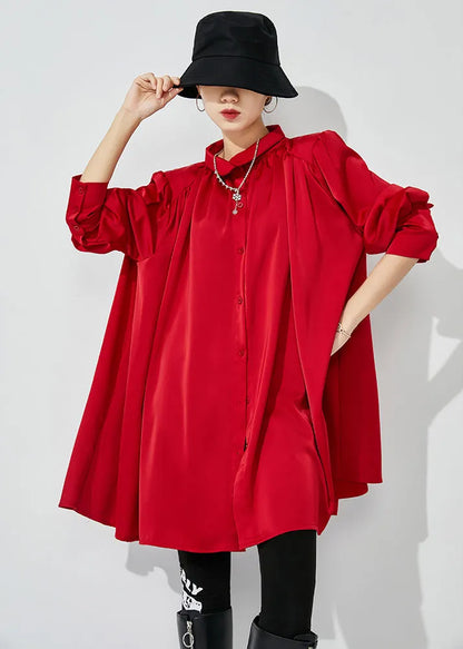 Red Stand Collar Oversized Wrinkled Silk Shirt Top Spring