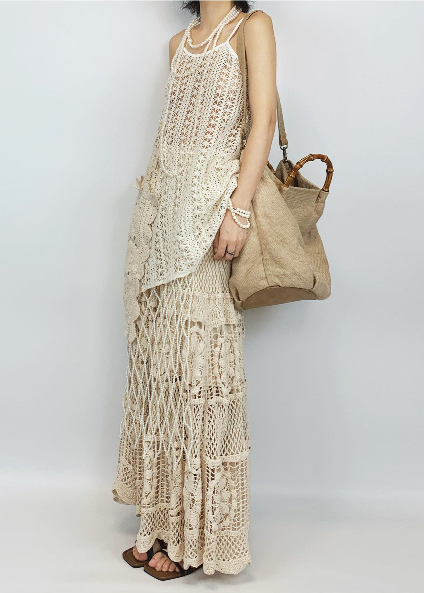 Beige Hollow Out Asymmetrical Design Knit Two-piece Set Summer