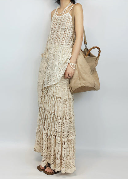 Beige Hollow Out Asymmetrical Design Knit Two-piece Set Summer