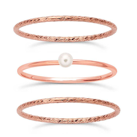 14/20 Rose Gold-filled Petite Stackable Rings, Swarovski Pearl & Sparkle Finish, Set of 3