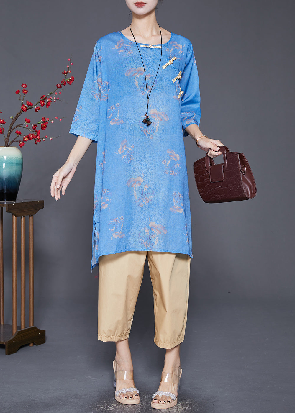 Blue Print Chinese Button Linen 2 Piece Outfit Fall