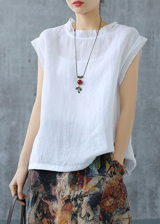 White Drawstring Turtle Neck Linen Tank Short Sleeve
