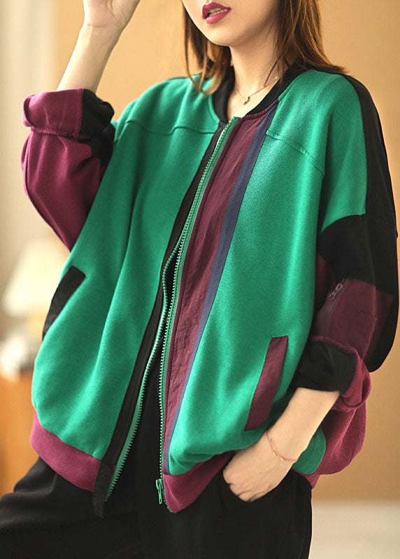 Green Loose Pockets Patchwork Fall Long Sleeve Coat