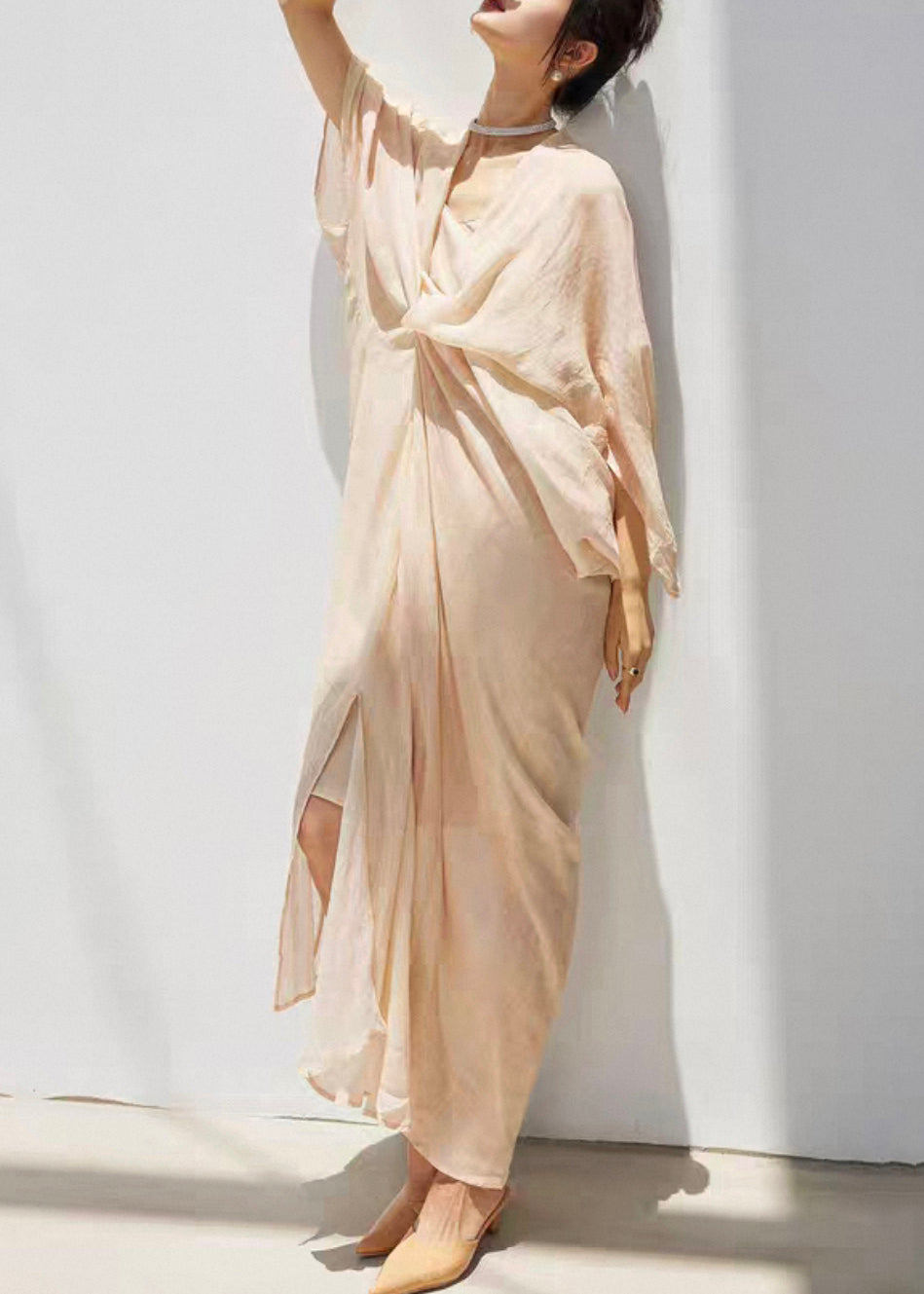 Beige V Neck Wrinkled Linen Silk Dress Bracelet Sleeve