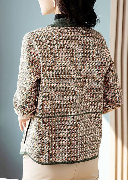 Army Green Patchwork Woolen Coats O-neck Pockets Long Sleeve