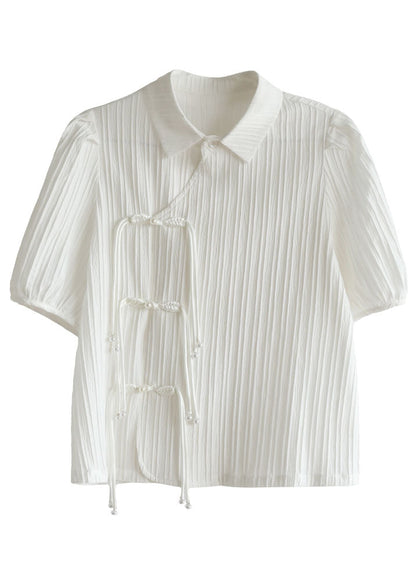 Original Design White Peter Pan Collar Wrinkled Oriental Button Chiffon Top Short Sleeve