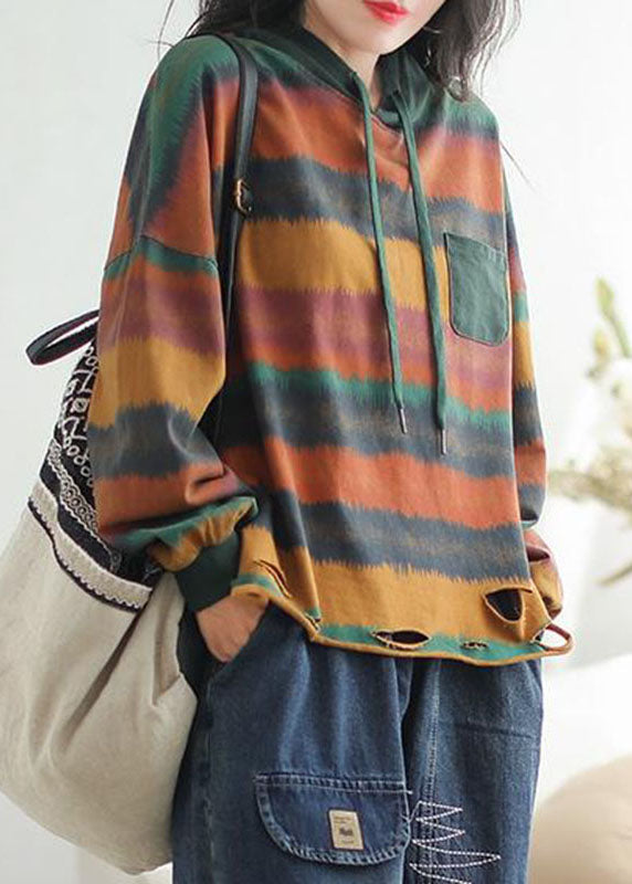 Red Drawstring Striped Hole Hooded Sweatshirt Long Sleeve