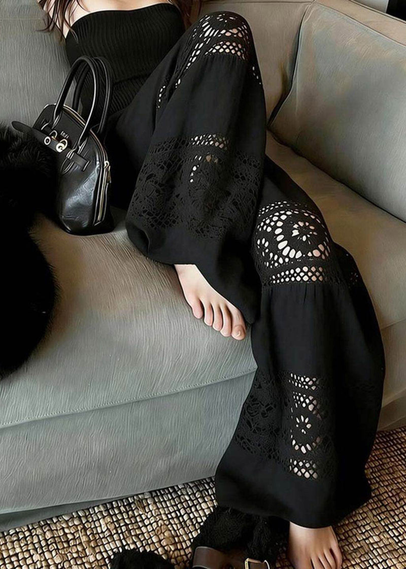 Black Hollow Out Wide Leg Pants Summer