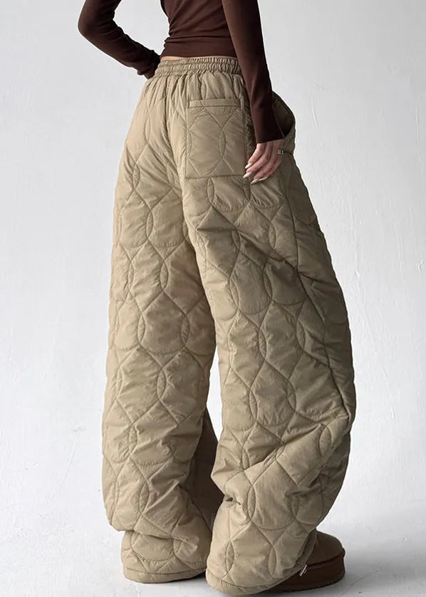 Khaki Thick Elastic Waist Cotton Filled Wide Leg Pants Pockets
