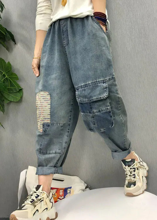 Blue Elastic Waist Patch Applique Denim Pants Spring