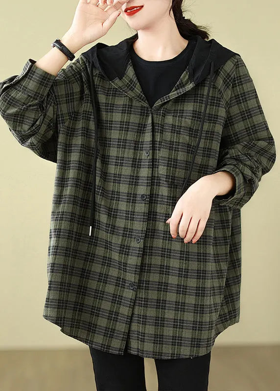 Green Plaid Cotton Hooded Shirts Coat Spring