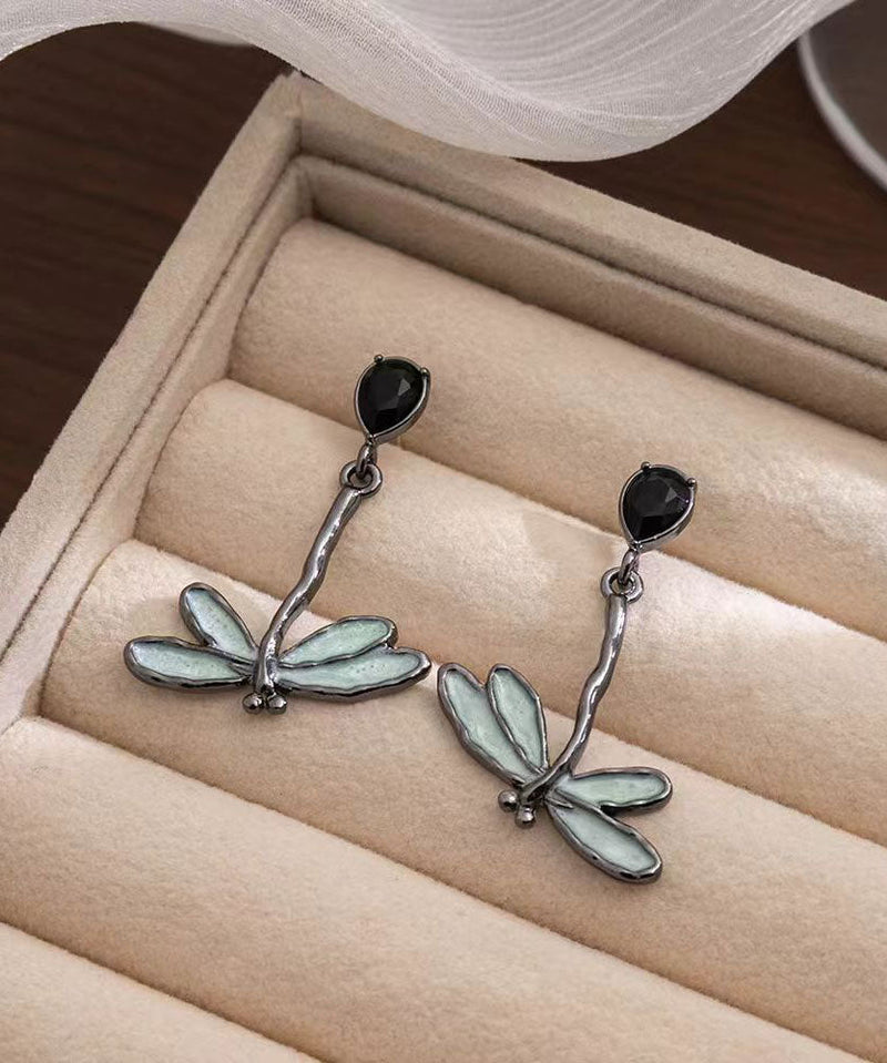 Blue Sterling Silver Dragonfly Drip Glaze Drop Earrings