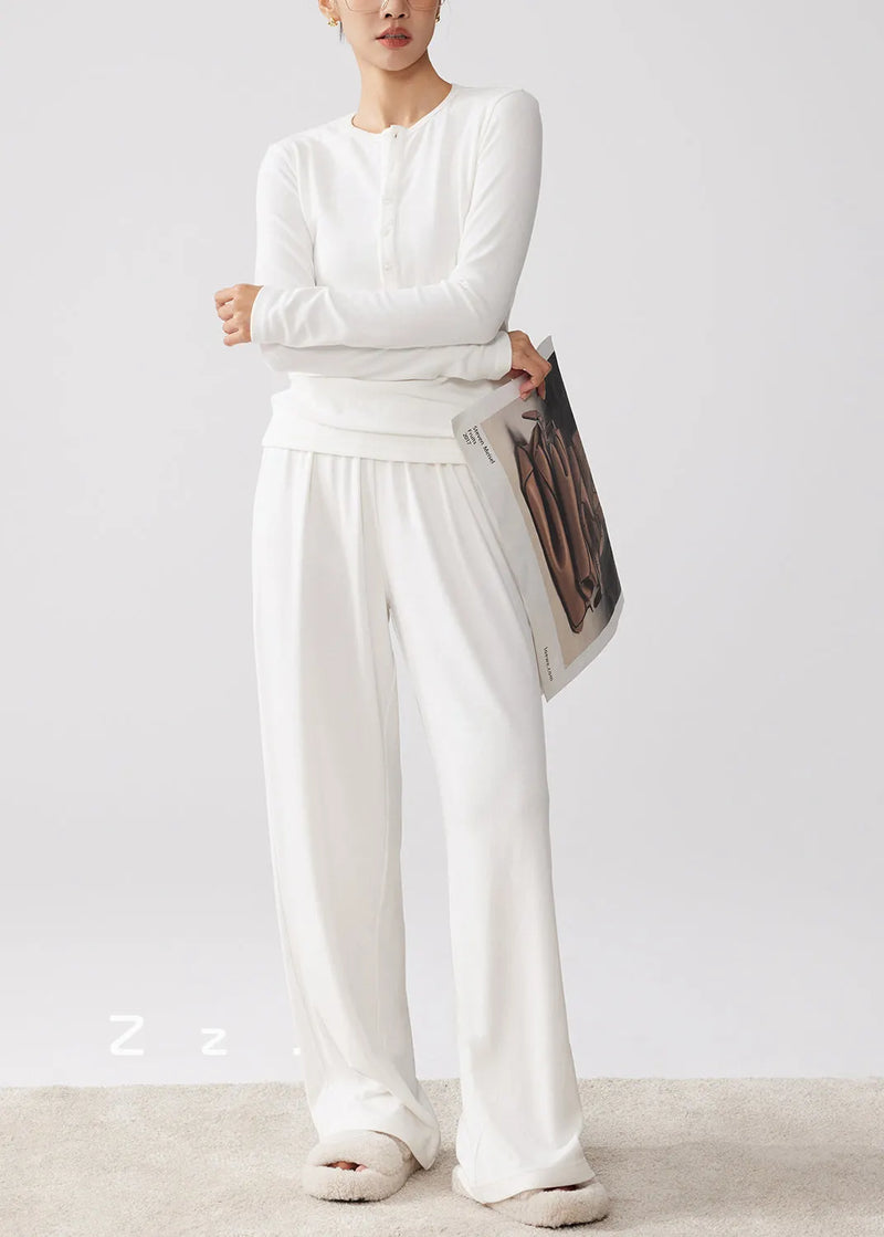 Simple White O-neck Button Down Cotton Two Piece Set Clothing Spring