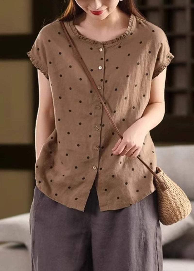 Coffee Ruffled Dot Linen Shirt Summer