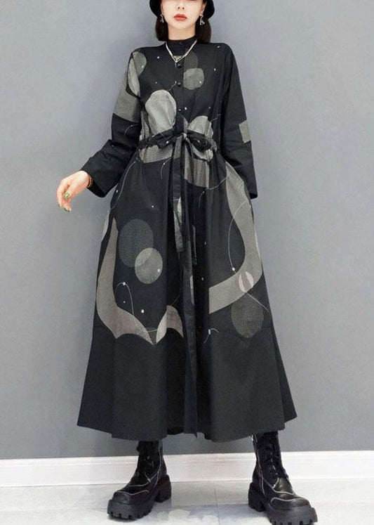 Stylish Black Stand Button Dresses Fall Long Sleeve