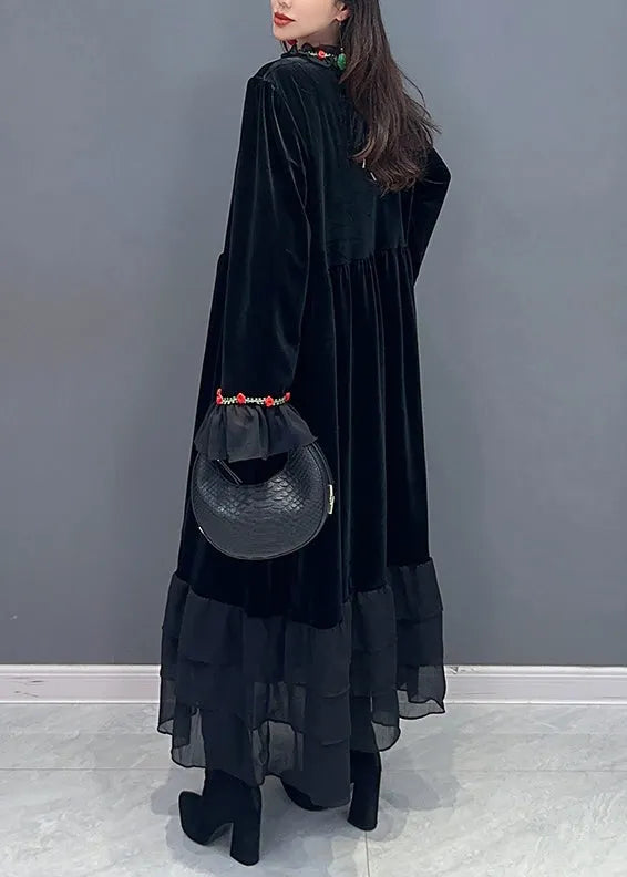 Black Tulle Patchwork Silk Velour Long Dresses Spring