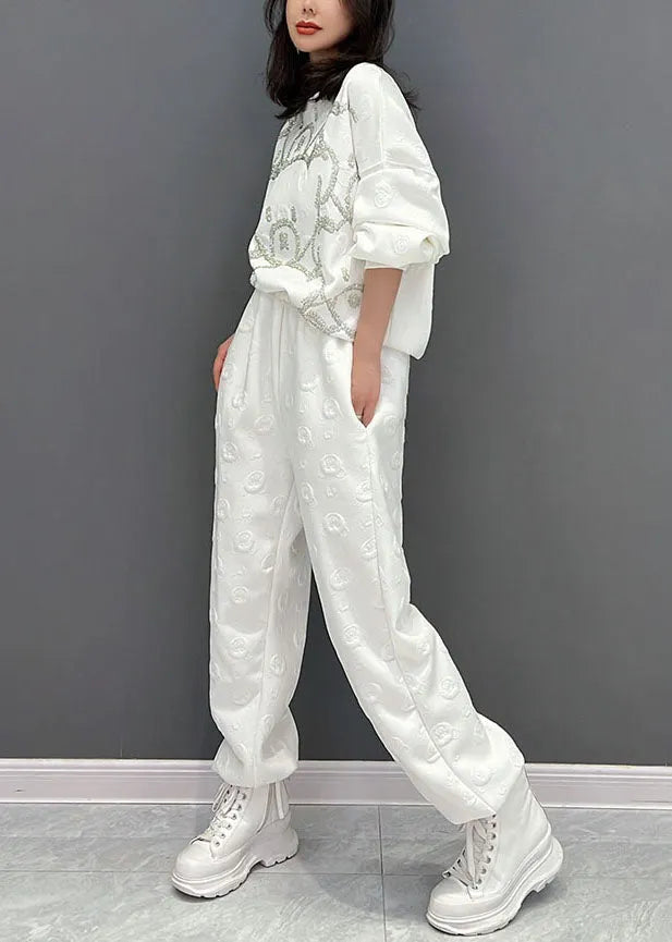 White Oversized Bear Jacquard Cotton Two Piece Set Fall