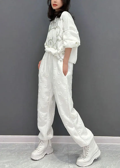 White Oversized Bear Jacquard Cotton Two Piece Set Fall