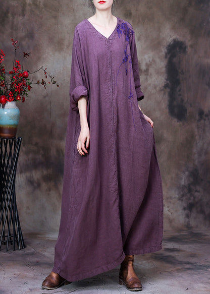 Llight Purple V Neck Asymmetrical Patchwork Linen Ankle Dress Long