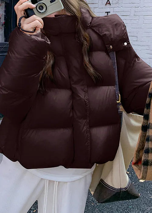 Black Zippered Pocket Oversized Duck Down Winter Puffer Coat Hooded