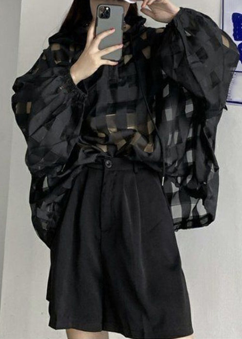 Black Plaid Button Lace Up Thin Top Long Sleeve