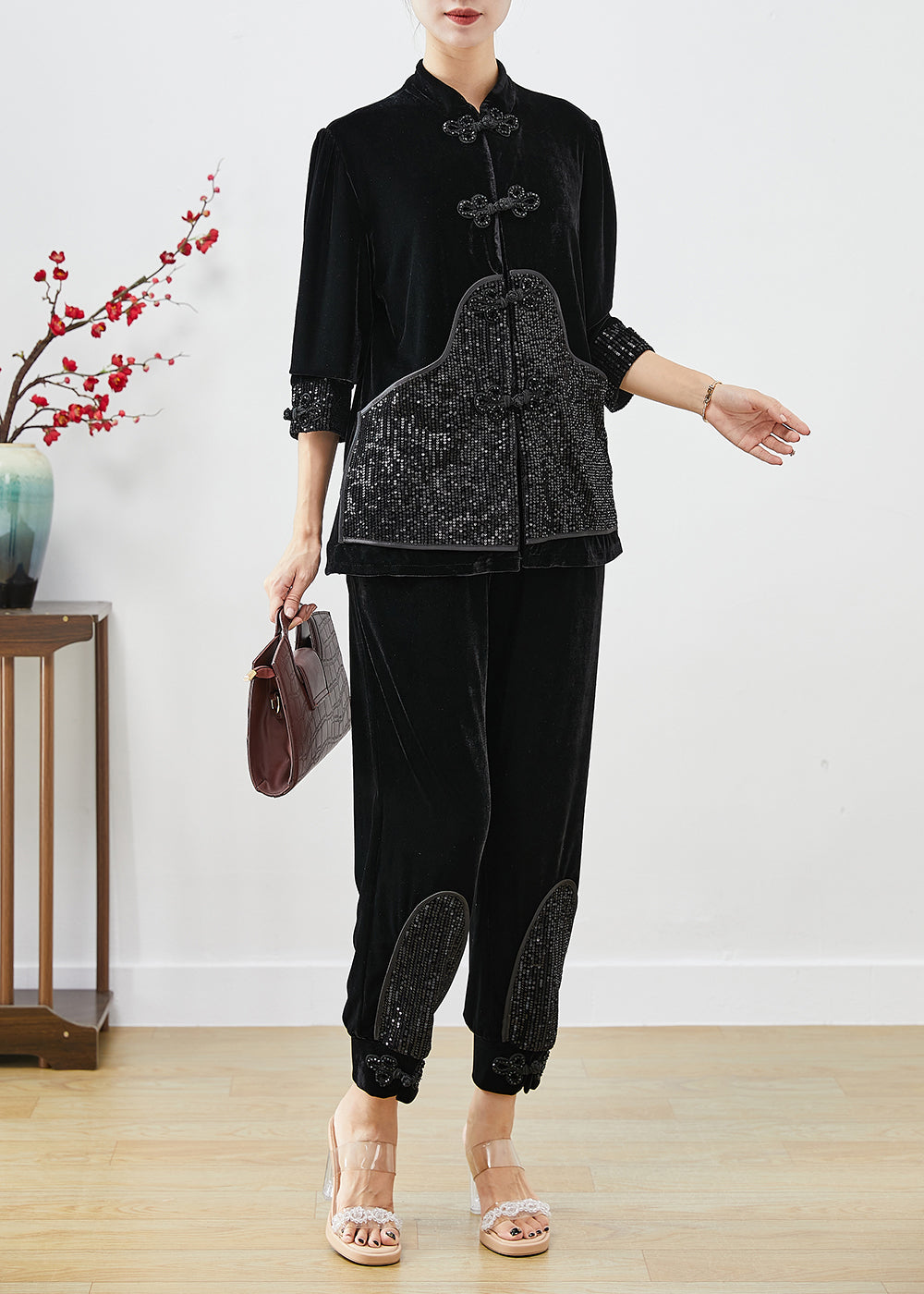 Black Sequins Patchwork Chinese Button Silk Velour Two Pieces Set Fall