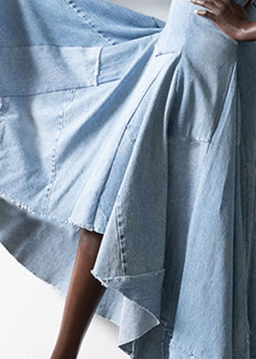 Style Light Blue Asymmetrical Design Patchwork Denim Dress Sleeveless Summer