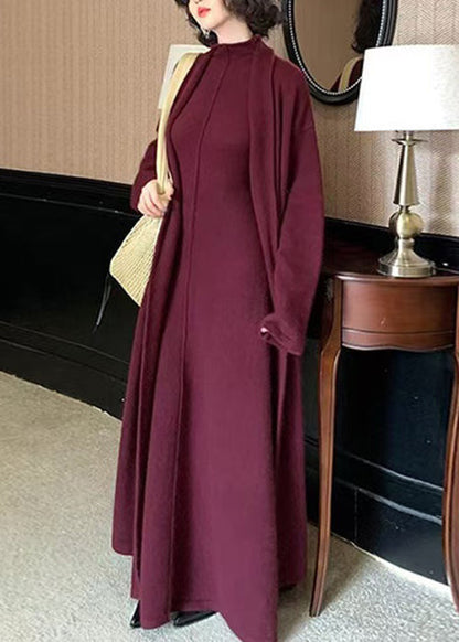 New Purple High Waist Coat and Dress Woolen Two Pieces Set Spring
