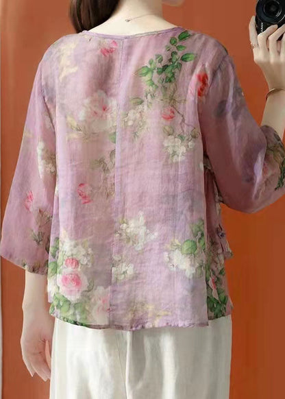 Purple Asymmetrical Print Cotton Blend Blouses Half Sleeve