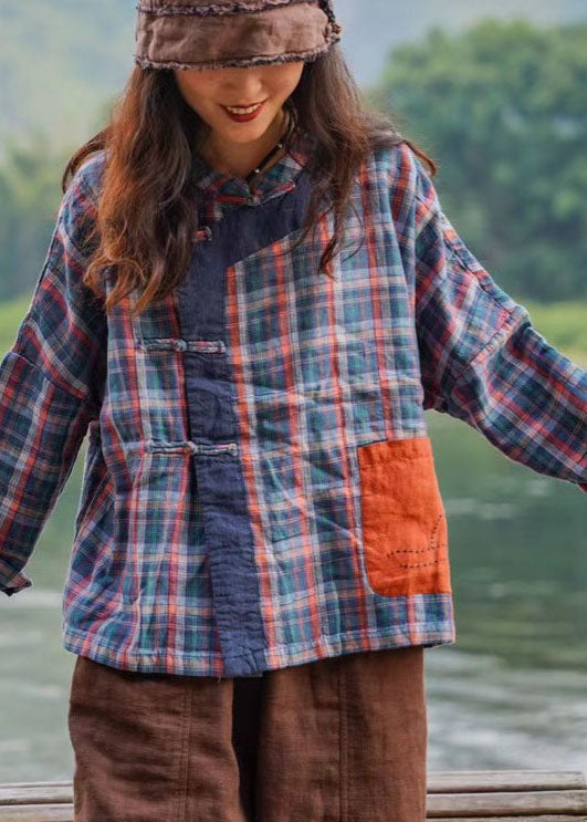 Retro Plaid Patchwork Button Pockets Fall Shirt Top