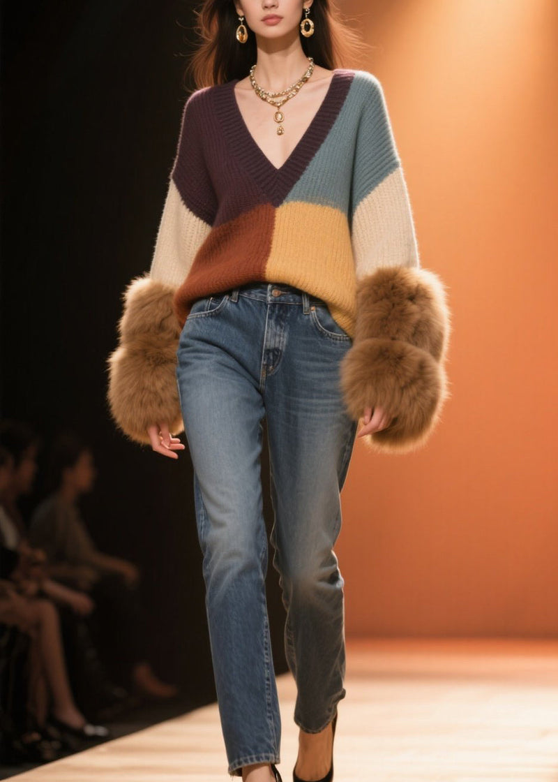 Colorblock V Neck Fuzzy Fur Fluffy Patchwork Knit Sweaters Fall