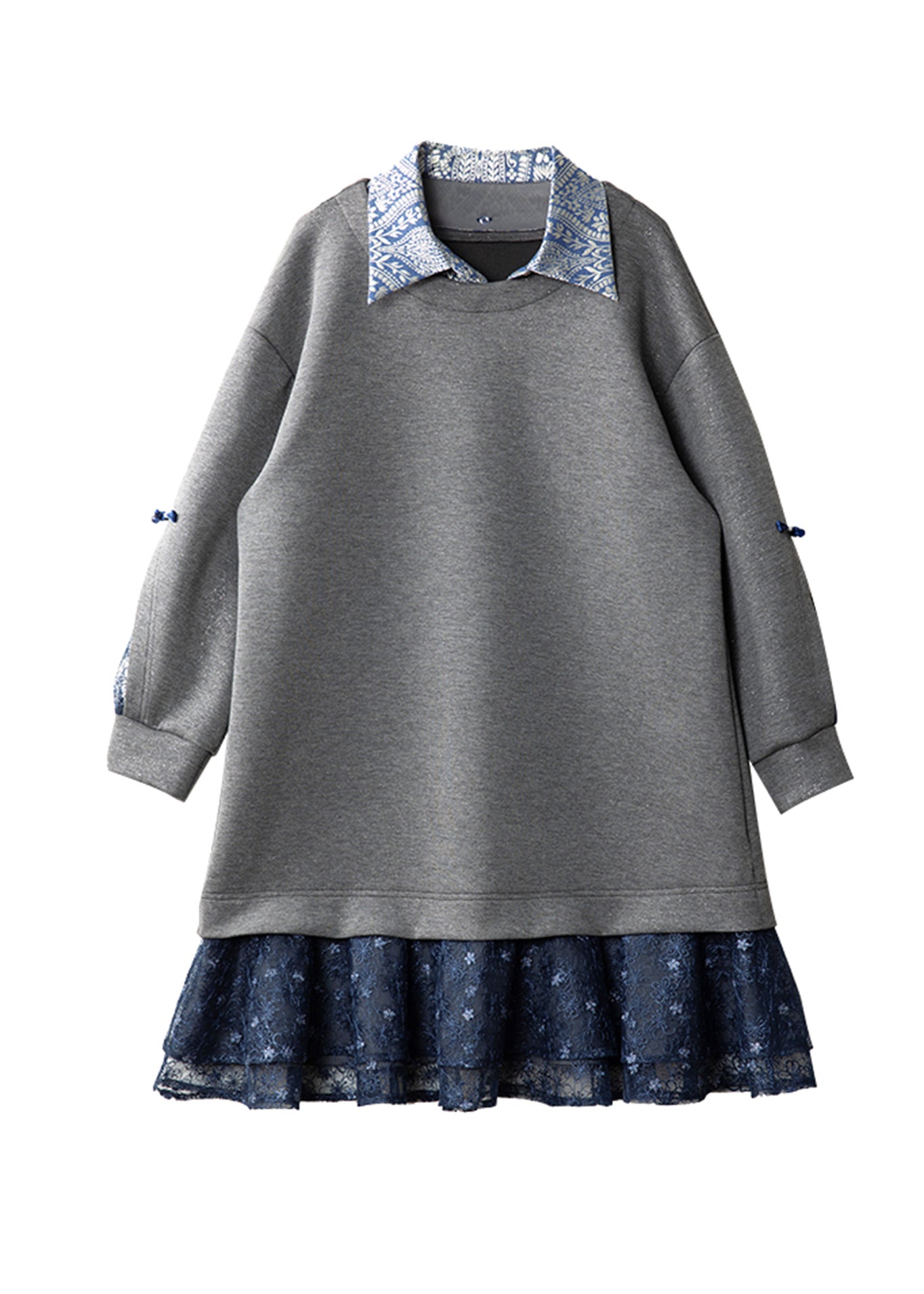 Grey Peter Pan Collar Patchwork False Two Pieces Cotton Dress Spring