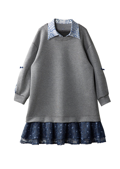 Grey Peter Pan Collar Patchwork False Two Pieces Cotton Dress Spring