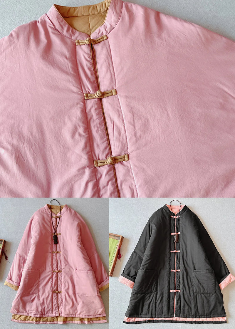 Black Pockets Chinese Button Fine Cotton Filled Loose Coat Winter