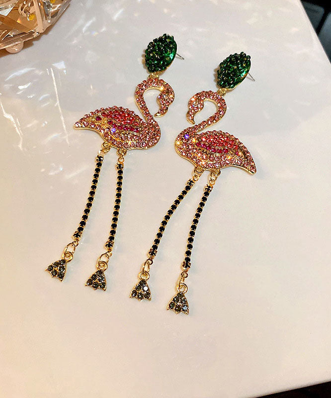 Pink Flamingo Zircon Tassel Silver Drop Earrings