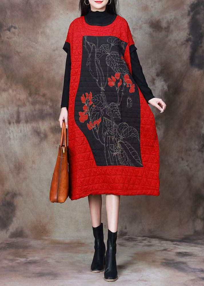 Red Print Patchwork Cotton Filled Dresses Long Sleeve