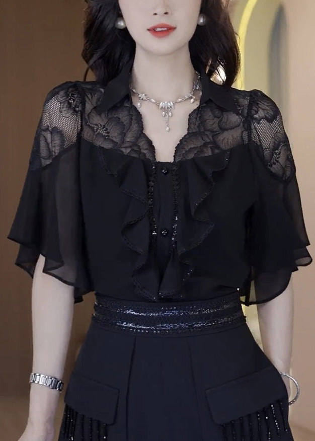 Black Ruffled Lace Patchwork Two Piece Set Outfits Summer
