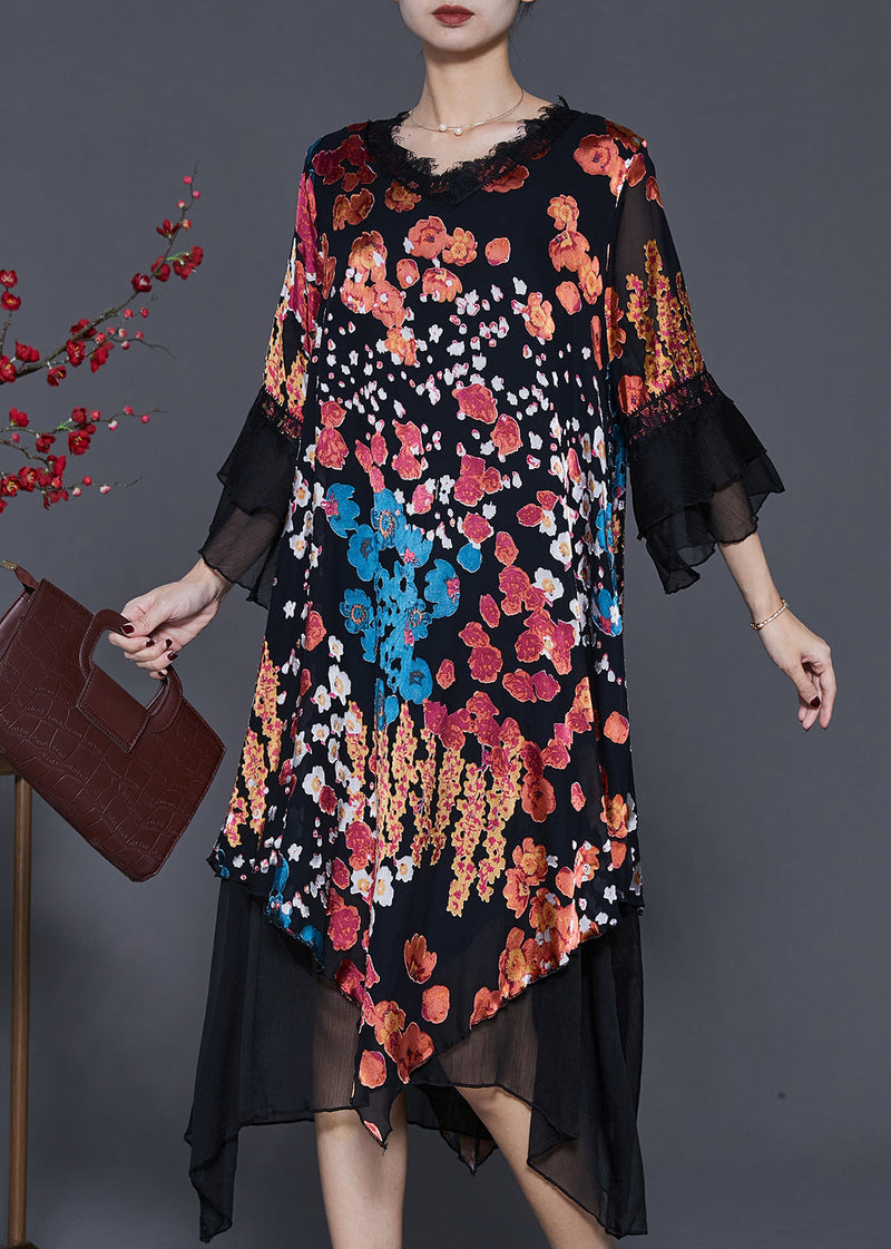 Black Asymmetrical Print Silk Dresses Flare Sleeve
