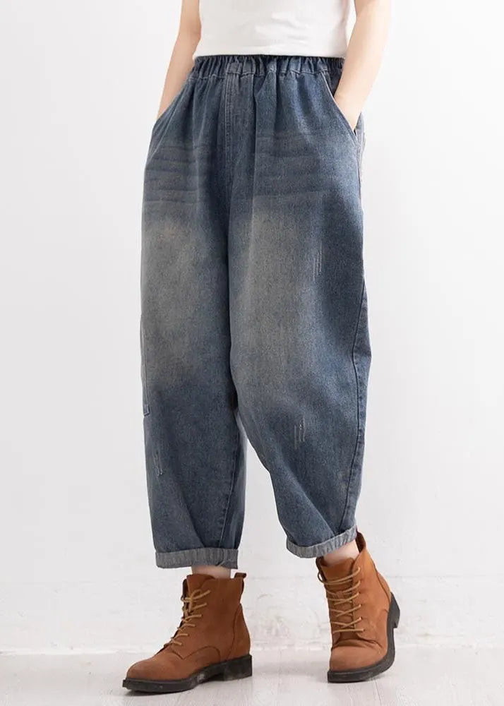 Denim Blue Elastic Waist Pockets Patchwork Applique Cotton Harem Pants Fall