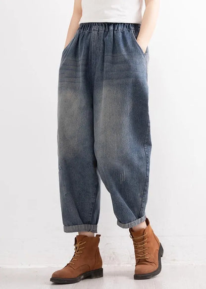 Denim Blue Elastic Waist Pockets Patchwork Applique Cotton Harem Pants Fall