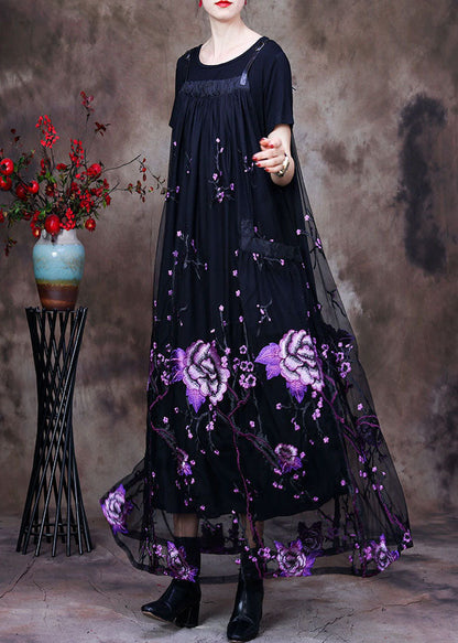 Black Embroideried Pockets Lace Two Pieces Set Summer