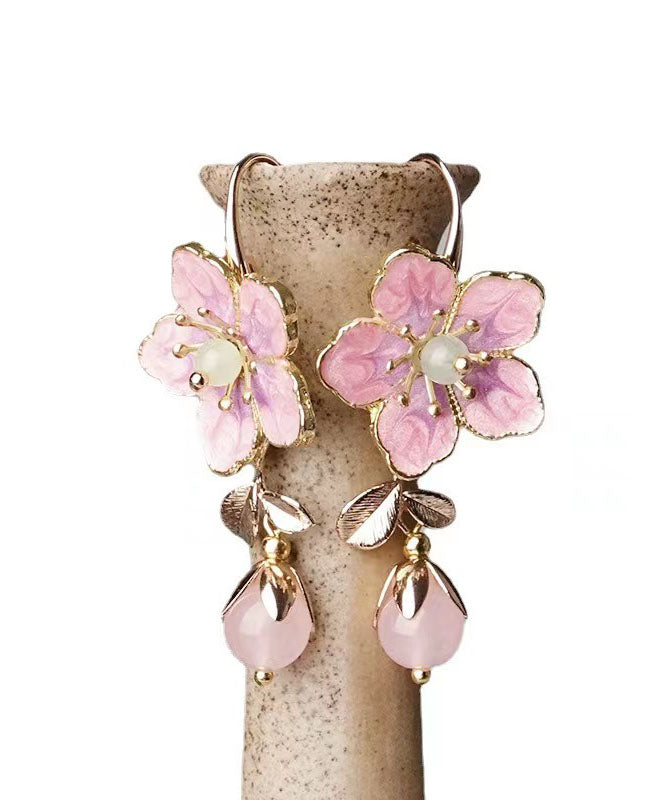 Pink Alloy Inlaid Gem Stone Oil Drip Drop Earrings