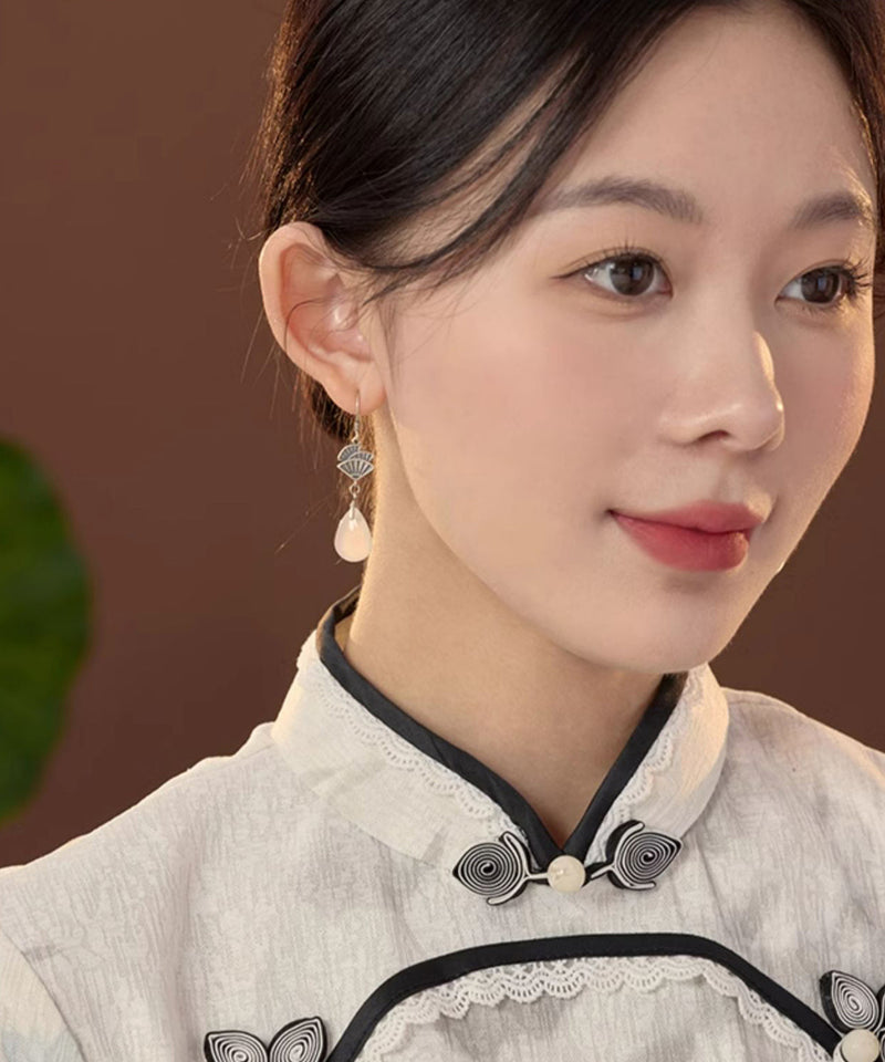 Brief White Sterling Silver Jade Fan-shaped Drop Earrings