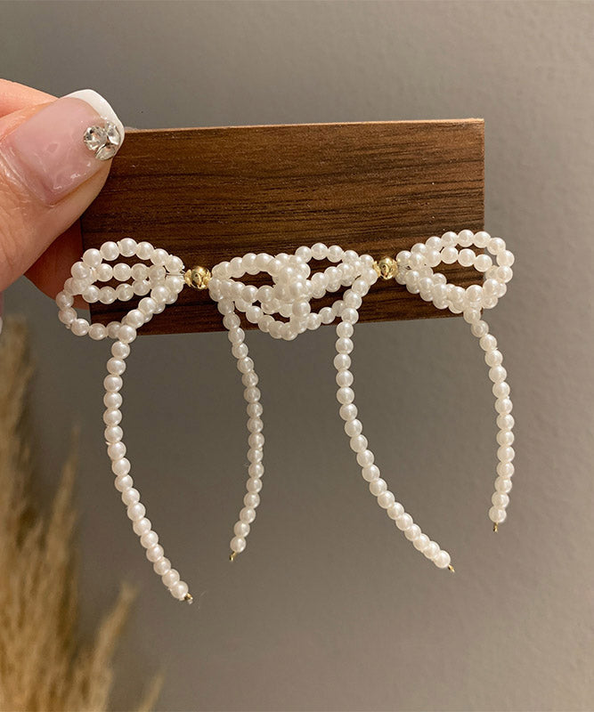 White Alloy Pearl Butterfly Tassel Drop Earrings