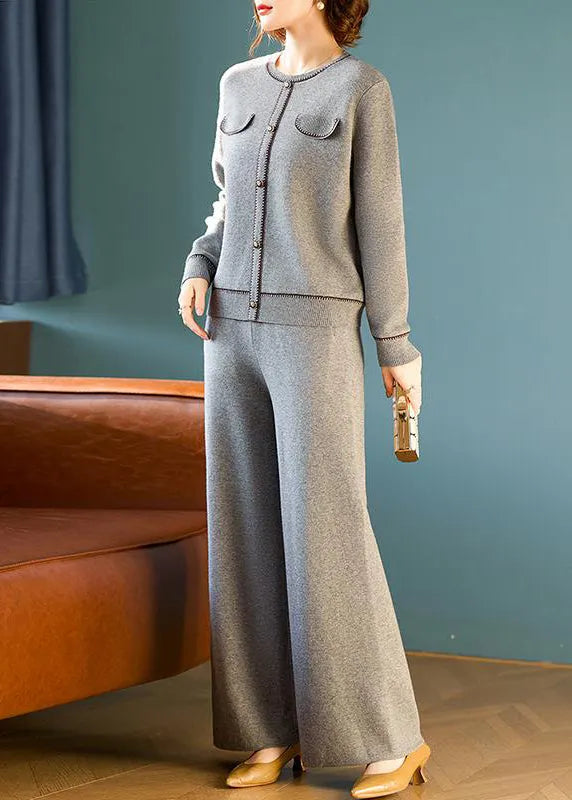 Grey O Neck Tops and Pants Wool Two Pieces Set Spring