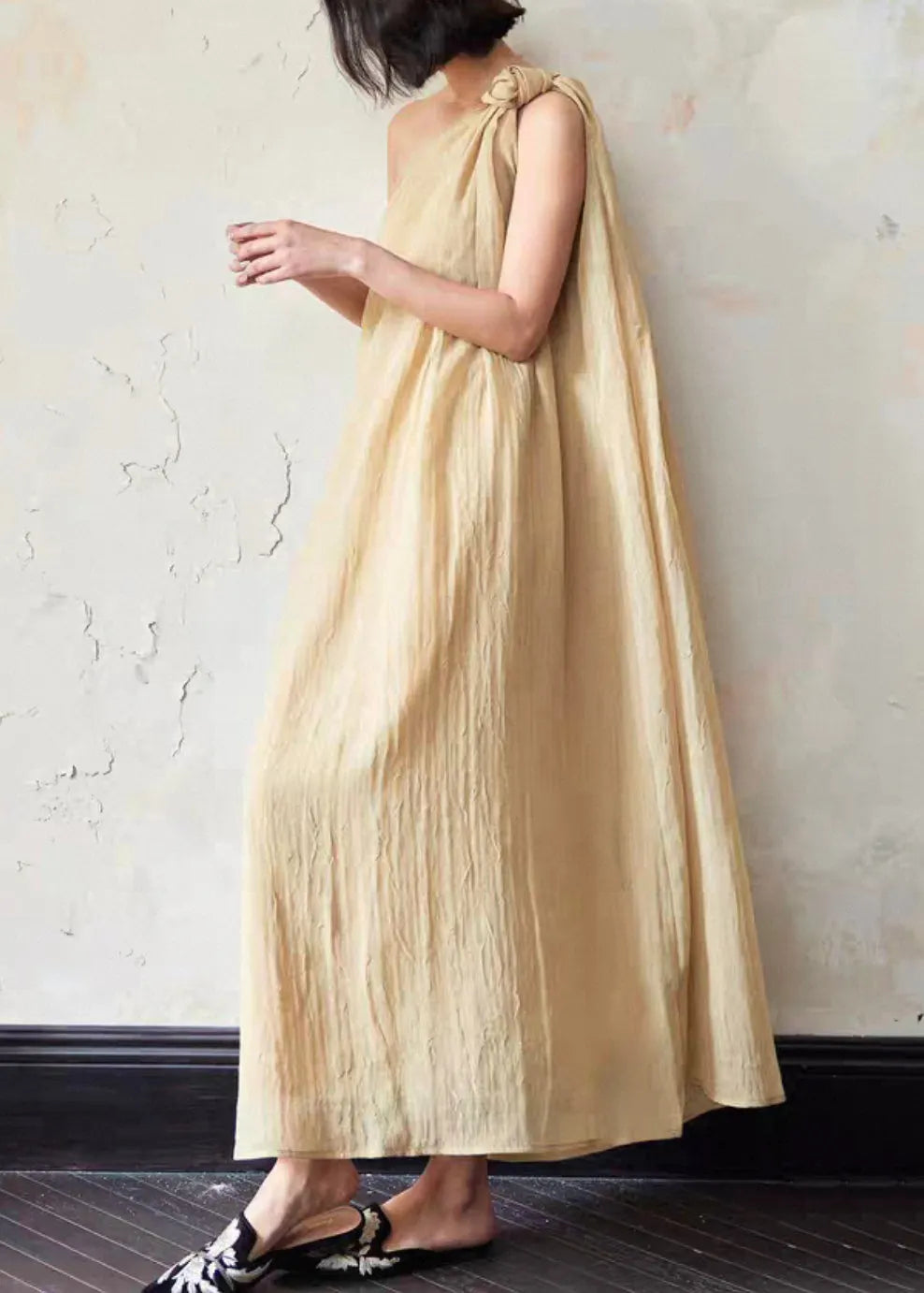 Loose Yellow Cold Shoulder Linen Long Dress Sleeveless
